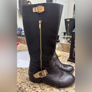 Vince Camuto Brown Leather Boots with Gold Zipper